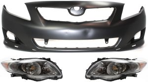 Front Bumper Cover for 2009-2010 Toyota Corolla, 3-Piece Kit with Headlights, Replacement