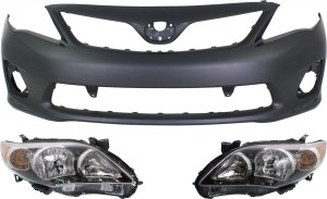 Headlight Assembly Kit for 2011-2013 Toyota Corolla, Right (Passenger) and Left (Driver), Halogen, 3-Piece with Bumper Cover, Replacement