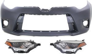 Headlight Assembly Kit for 2014-2016 Toyota Corolla, Right (Passenger) and Left (Driver), LED, 3-Piece Kit with Bumper Cover, Replacement