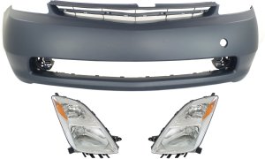 Headlight Lens and Housing Kit for Toyota Prius 2004-2006, Right (Passenger) and Left (Driver) Sides, Halogen, 3-Piece Set with Bumper Cover, Replacement