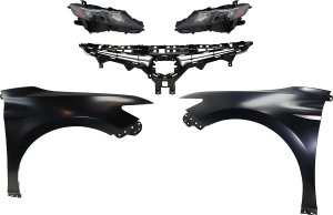 Headlight Assembly for Toyota Camry 2018-2020, Right (Passenger) and Left (Driver), 5-Piece Kit, Halogen, with Fenders and Grille Assembly, Replacement