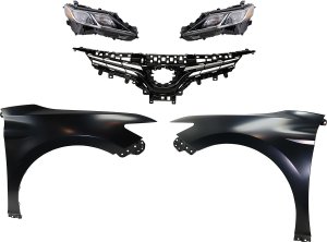 Headlight Assembly Kit for 2018-2019 Toyota Camry, Right (Passenger) and Left (Driver), LED, 5-Piece Set with Fenders and Grille Assembly, Replacement