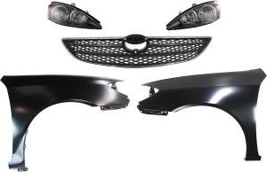 Headlight Assembly Kit for 2002-2004 Toyota Camry, Right (Passenger) and Left (Driver), 5-Piece Set, Halogen, with Fenders and Grille Assembly, Replacement
