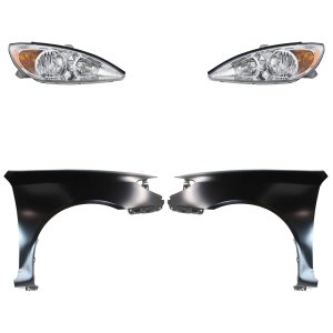 Headlight Assembly Kit for Toyota Camry 2002-2004, Right (Passenger) and Left (Driver), 4-Piece Kit with Halogen Light and Fenders, Replacement