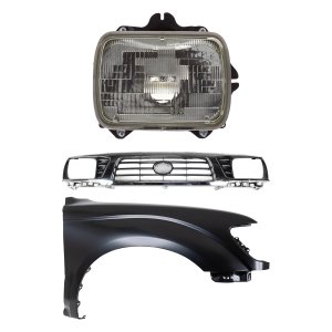 3-Piece Kit Grille for Toyota Tacoma 1995-1997, Chrome Shell with Painted Black Insert including Fender and Headlight Replacement