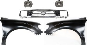 Grille Kit for 1995-1997 Toyota Tacoma, Chrome Shell with Painted Black Insert, 5-Piece Set including Fenders and Headlights, Replacement