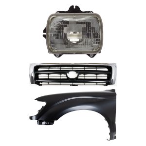 3-Piece Kit Grille for 1997 Toyota Tacoma, Chrome Shell with Painted Dark Silver Insert, Includes Fender and Headlight Replacement