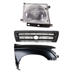 Front Fender Kit for Toyota Tacoma 1997-2000, Right (Passenger) Side, Primed (Ready to Paint), 3-Piece Kit with Grille and Headlight Replacement