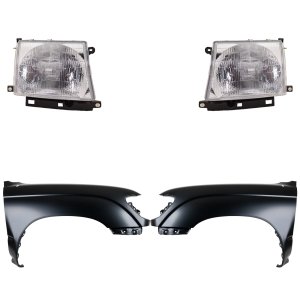 Front Fender Kit for 1997-2000 Toyota Tacoma, Right (Passenger) and Left (Driver), Primed (Ready to Paint), 4-Piece Set with Headlights, Replacement