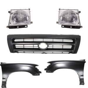 Front Fender for 1997-2000 Toyota Tacoma Right (Passenger) and Left (Driver), Primed (Ready to Paint), 5-Piece Kit with Grille and Headlights, Replacement