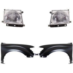 Front Fender for Toyota Tacoma (1997-2000) Right (Passenger) and Left (Driver), Primed (Ready to Paint), 4-Piece Kit, with Headlights, Replacement