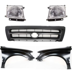 Front Fender Kit for 1997-2000 Toyota Tacoma, Right (Passenger) and Left (Driver), Primed (Ready to Paint), 5-Piece Set with Grille and Headlights, Replacement
