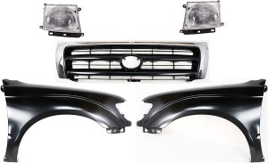 5-Piece Kit Grille for Toyota Tacoma 1997-2000, Chrome Shell with Painted Dark Silver Insert, Includes Fenders and Headlights, Replacement