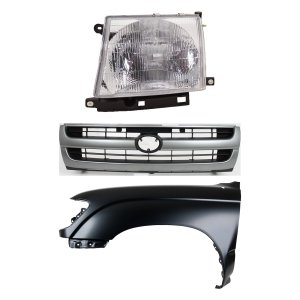 Front Fender Kit for 1997-2000 Toyota Tacoma, Left (Driver) Side, Primed (Ready to Paint), 3-Piece with Grille and Headlight, Replacement