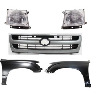Front Fender Kit for Toyota Tacoma 1997-2000 with Right (Passenger) and Left (Driver) Sides, Primed (Ready to Paint), 5-Piece Set, includes Grille and Headlights, Replacement