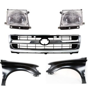 Front Fender Kit for 1997-2000 Toyota Tacoma, Right (Passenger) and Left (Driver), 5-Piece, Primed (Ready to Paint), with Grille and Headlights, Replacement