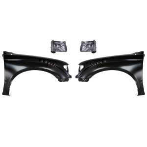 Front Fender Kit for 2001-2004 Toyota Tacoma, Right (Passenger) and Left (Driver), Primed (Ready to Paint), 4-Piece with Headlights, Replacement