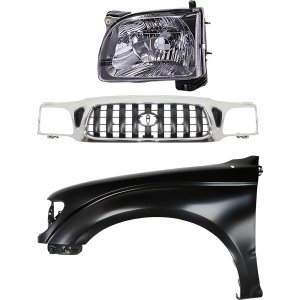 Grille Kit for 2001-2004 Toyota Tacoma, 3-Piece Set with Chrome Shell and Painted Dark Gray Insert, Includes Fender and Headlight Replacement
