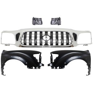 Grille Kit for 2001-2004 Toyota Tacoma, Chrome Shell with Painted Dark Gray Insert, 5-Piece Set, Includes Fenders and Headlights, Replacement