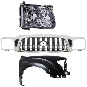 TOYOTA TACOMA Grille Kit for 2001-2004 Models, Chrome Shell with Painted Dark Gray Insert, 3-Piece Set Includes Fender and Headlight Replacement