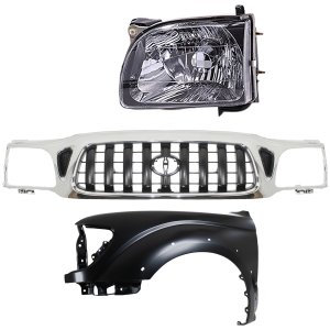 Grille Kit for 2001-2004 Toyota Tacoma, Chrome Shell with Painted Dark Gray Insert, 3-Piece Set, Includes Fender and Headlight Replacement