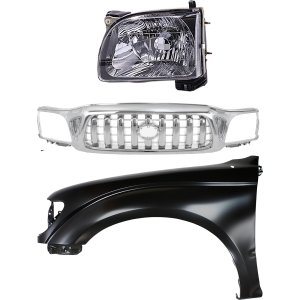 Grille Kit for Toyota Tacoma 2001-2004, Chrome Shell and Insert, 3-Piece with Fender and Headlight Replacement