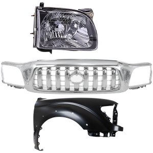 Grille Kit for Toyota Tacoma 2001-2004 - Chrome Shell with Insert, 3-Piece Set, includes Fender and Headlight Replacement