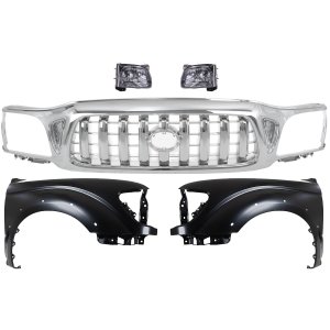 Grille for 2001-2004 Toyota Tacoma, Chrome Shell and Insert, 5-Piece Kit with Fenders and Headlights Replacement