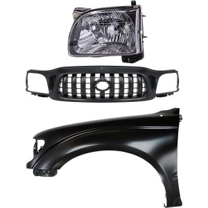 Grille for Toyota Tacoma 2001-2004, Paintable Shell and Insert, 3-Piece Kit with Fender and Headlight Replacement