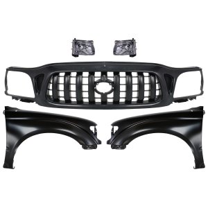 Grille Kit for Toyota Tacoma 2001-2004, Paintable Shell and Insert, 5-Piece Set with Fenders and Headlights, Ready for Replacement