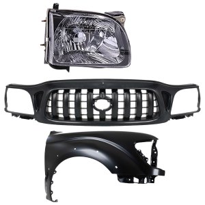Grille Kit for Toyota Tacoma 2001-2004, Paintable Shell and Insert, 3-Piece Set with Fender and Headlight Replacement