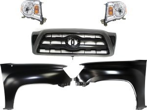 Headlight Assembly for Toyota Tacoma 2005-2011, Right (Passenger) and Left (Driver), Halogen, 5-Piece Kit with Fenders and Grille Assembly Replacement