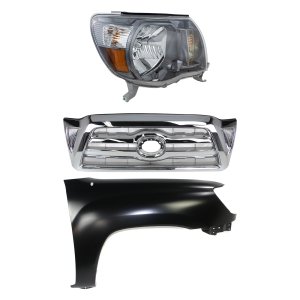 Chrome Shell and Insert Grille for Toyota Tacoma 2005-2008, 3-Piece Kit with Fender and Headlight, Replacement