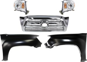 Grille Kit for Toyota Tacoma 2005-2008, Chrome Shell and Insert, 5-Piece Kit, Complete with Fenders and Headlights Replacement