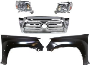 Grille Kit for Toyota Tacoma 2005-2008 with Chrome Shell and Insert, 5-Piece including Fenders and Headlights Replacement