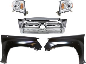 Grille Kit for 2005-2008 Toyota Tacoma, Chrome Shell and Insert, 5-Piece Set with Fenders and Headlights, Replacement