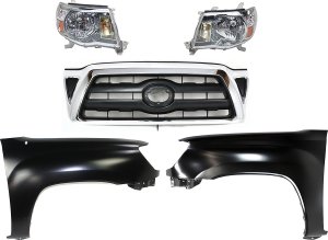 Headlight Assembly Kit for Toyota Tacoma 2005-2008, Right (Passenger) and Left (Driver), Halogen, 5-Piece, with Fenders and Grille Assembly, Replacement