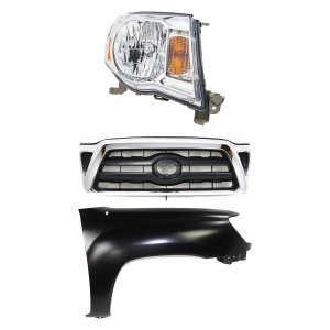 3-Piece Kit Grille for 2005-2008 Toyota Tacoma, Chrome Shell with Black Insert and Headlight, includes Fender Replacement