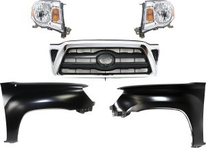 5-Piece Grille Kit for 2005-2008 Toyota Tacoma, Chrome Shell with Black Insert, Complete with Fenders and Headlights, Replacement