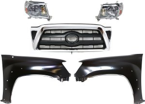 Headlight Assembly Kit for Toyota Tacoma 2005-2008, Right (Passenger) and Left (Driver), Halogen, 5-Piece Kit with Fenders and Grille Assembly, Replacement