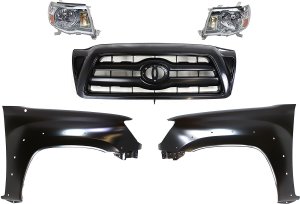 Headlight Assembly for Toyota Tacoma 2005-2010, Right (Passenger) and Left (Driver), Halogen, 5-Piece Kit with Fenders and Grille Assembly, Replacement