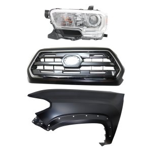 Chrome Shell Grille with Painted Black Insert for 2016-2017 Toyota Tacoma, 3-Piece Kit including Fender and Headlight Replacement