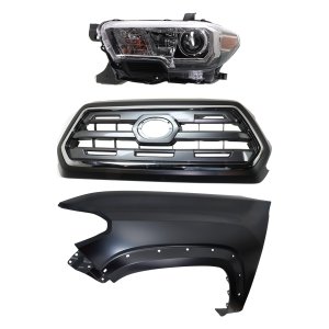 Chrome Shell Grille with Painted Black Insert for 2016-2017 Toyota Tacoma, 3-Piece Kit Including Fender and Headlight, Replacement