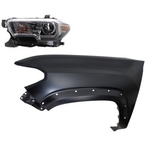 Headlight Assembly Kit for 2016-2023 Toyota Tacoma, Left (Driver) Side, Halogen, 2-Piece Set, Includes Fender, Replacement