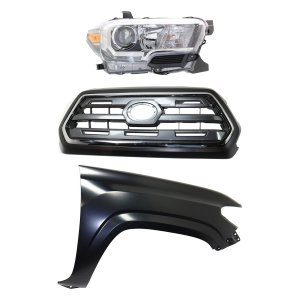 Chrome Shell Grille with Painted Black Insert for 2016-2017 Toyota Tacoma, 3-Piece Kit with Fender and Headlight Replacement