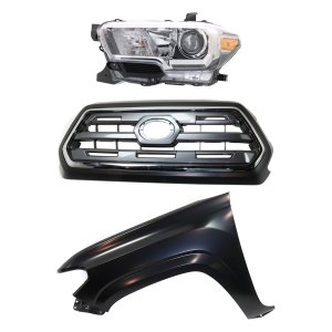 Chrome Shell with Painted Black Insert Grille for 2016-2017 Toyota Tacoma, 3-Piece Kit with Fender and Headlight Replacement