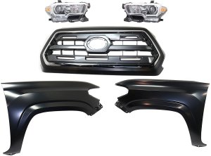 Grille Kit for 2016-2017 Toyota Tacoma, Includes 5-Piece Chrome Shell with Painted Black Insert, Fenders and Headlights Replacement