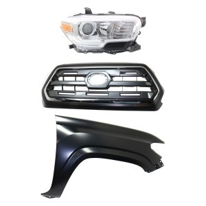 Grille Kit for Toyota Tacoma 2016-2017, Chrome Shell with Painted Black Insert, 3-Piece Set, Includes Fender and Headlight Replacement