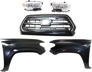 5-Piece Grille Kit for Toyota Tacoma 2016-2017, Chrome Shell with Painted Black Insert, Includes Fenders and Headlights, Replacement