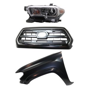 Grille Kit for 2016-2017 Toyota Tacoma, Chrome Shell with Painted Black Insert, 3-Piece Set, Includes Fender and Headlight Replacement